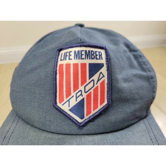 Life Member TROA Member Hat Leather Strapback Bump Front Patch Front Blue VTG - Picture 2 of 11